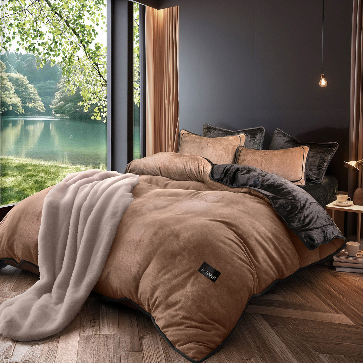 Hotel-style Velos velvet bedding set in aesthetic bedroom decor
