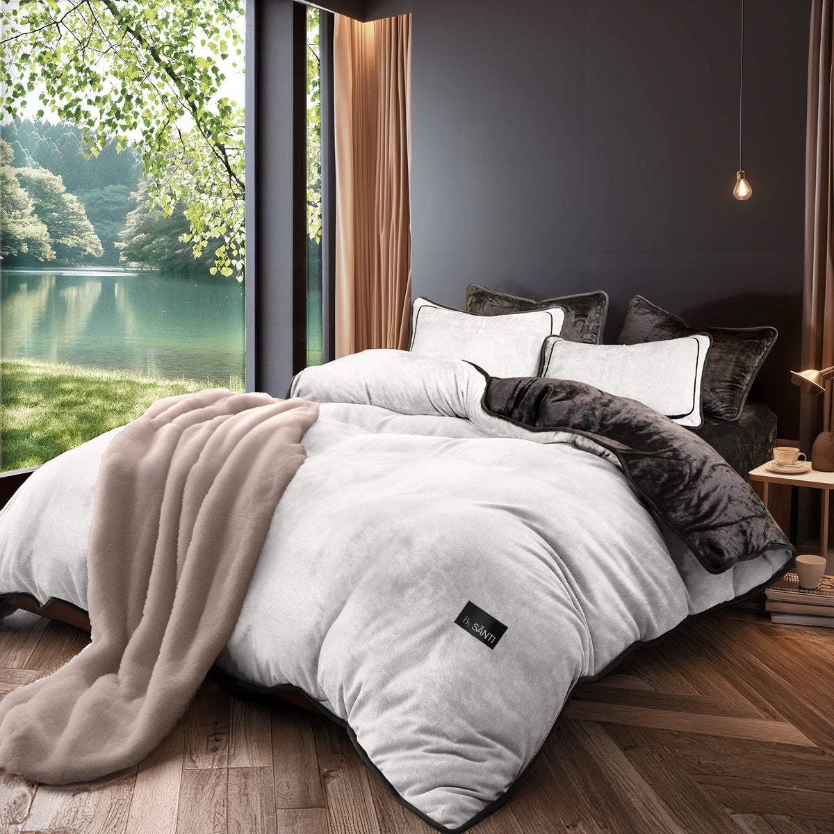 Velos plush velvet bedding set displayed on a queen size bed