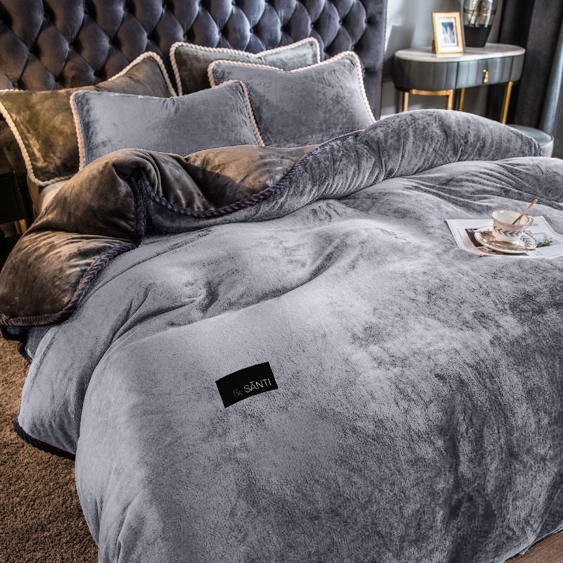 Cozy bedroom styled with Amorgos velvet bedding set creating warm elegant and aesthetic luxury bedroom look