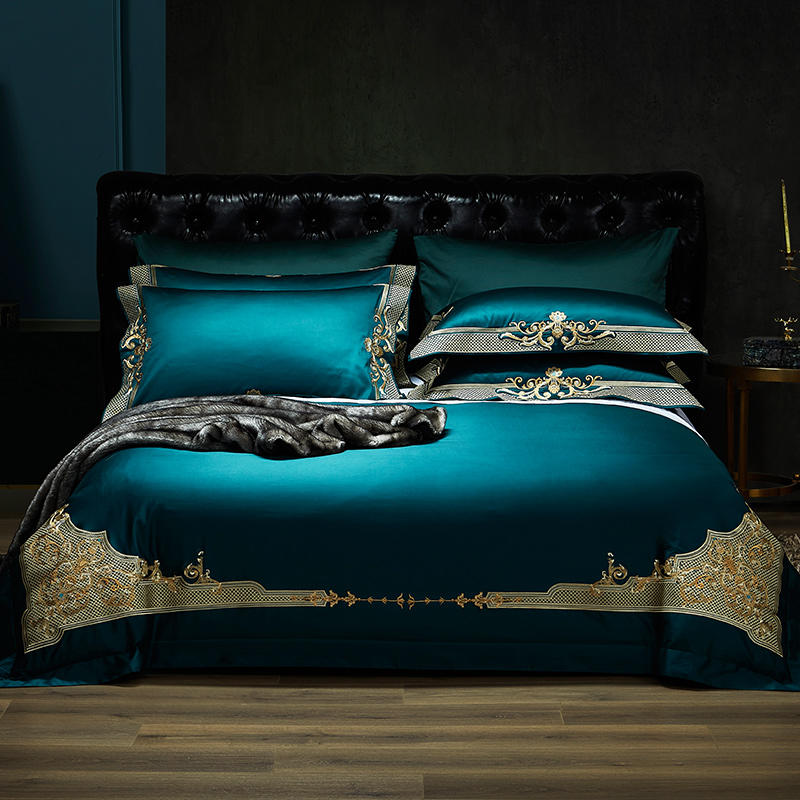 Victoria Sateen Cotton Embroidered Trim 4/5pc Duvet Cover Set - Tranquility Bed